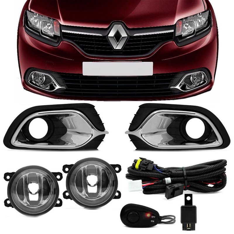 kit farol de milha renault logan 2015 moldura cromada botao universal shocklight