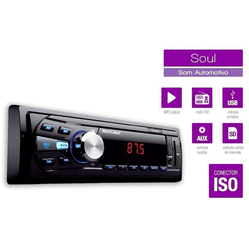 radio mp3 player 1 din soul fm usb sd aux p3294 multilaser