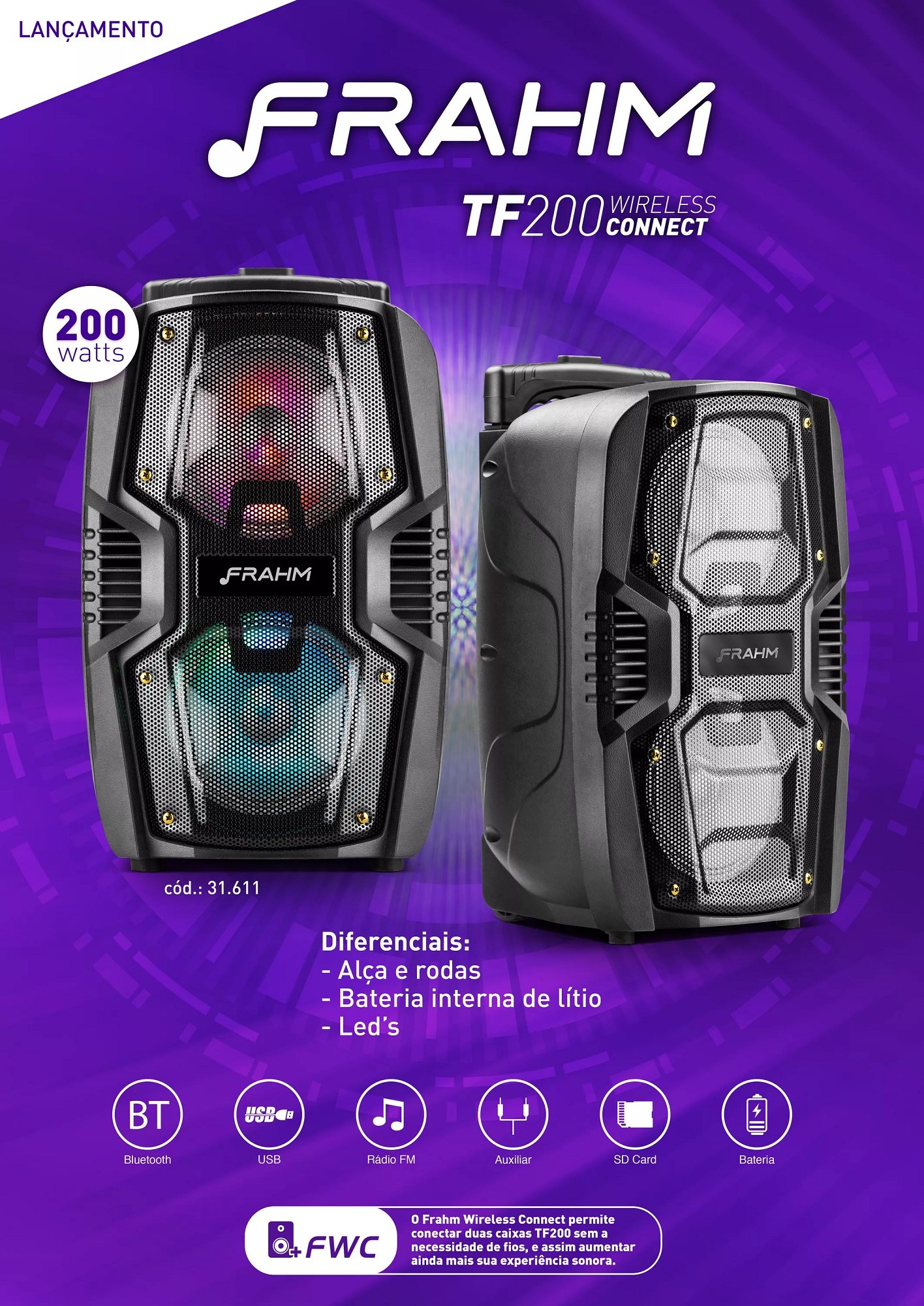 mini torre de som bluetooth tf 200 wireless connect 200w rms usb frahm 4