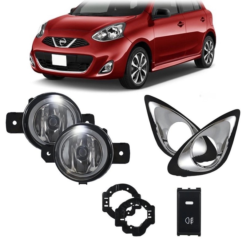 kit farol de milha nissan march 2014 a 2018 moldura cromada e botao original importado suns