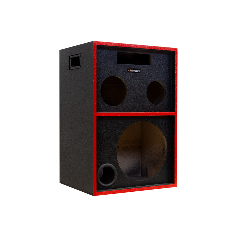 Caixa Bob Residencial 3 vias 1x12'' + 1 Corneta + 1 Tweeter Vazia - Preta e Vermelhafrente diagonal