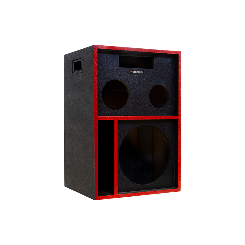 Caixa Bob Residencial 3 vias 1x12'' + 1 Corneta + 1 Tweeter Vazia - Preta e Vermelhafrente diagonal