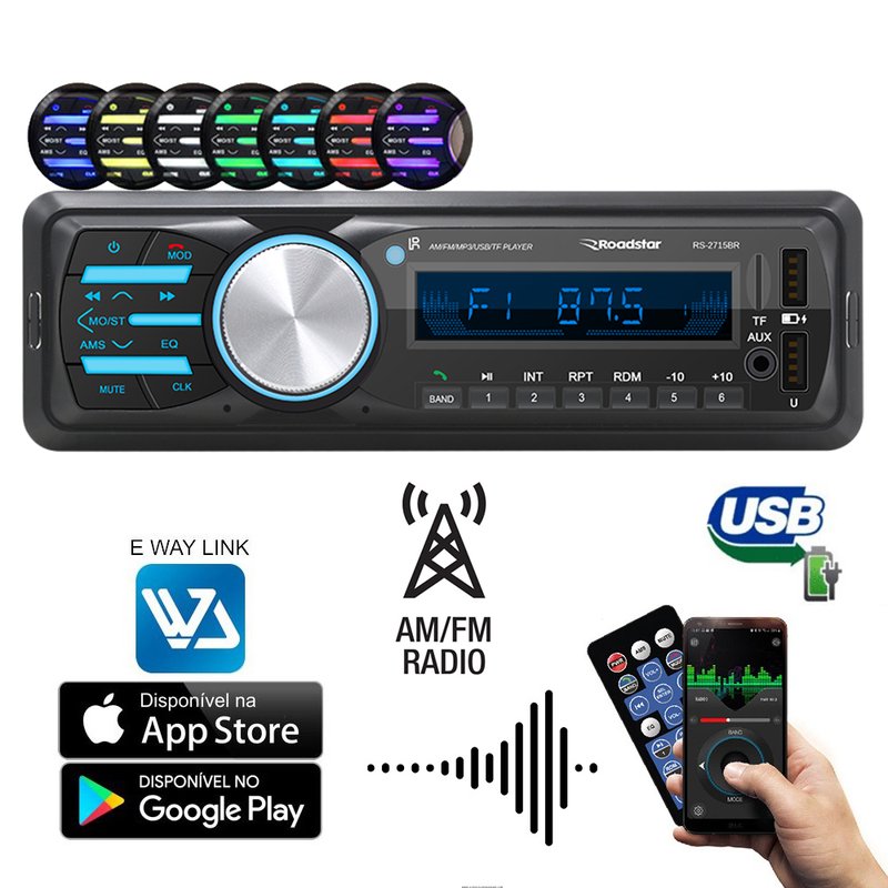 Rádio Automotivo AM/FM RS-2715BR com Carregador USB Roadstar
