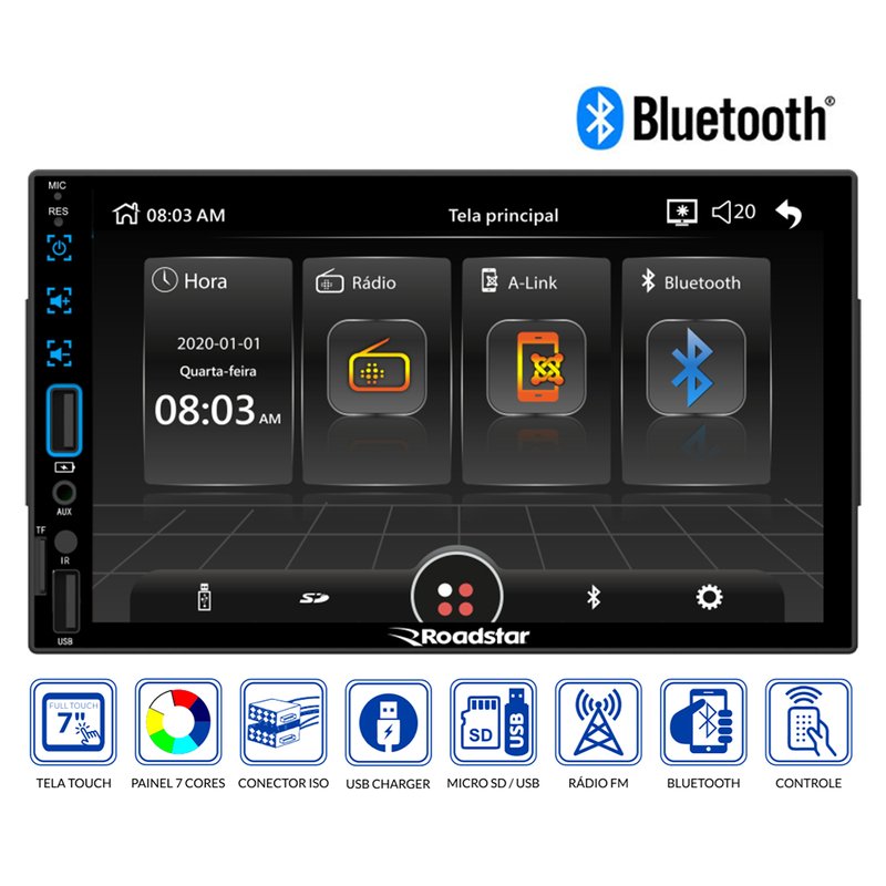 Multimídia 2 DIN MP5 7" Bluetooth RS508BR Plus Roadstar