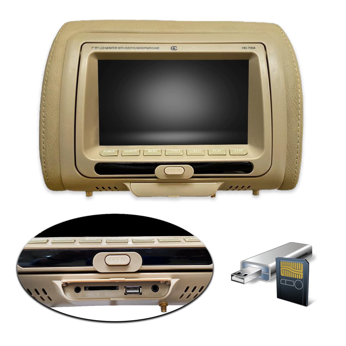 Encosto de Cabeça Monitor DVD 7'' Função TV com Jogos Bege