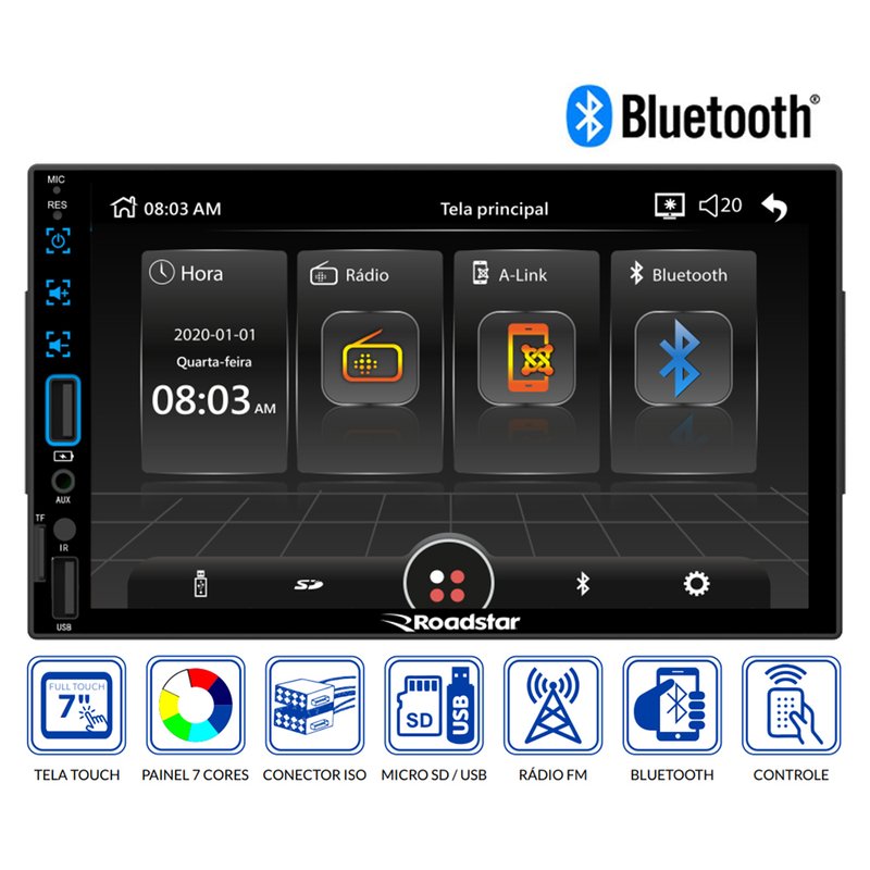 multimidia 2 din mp5 7 bluetooth rs506br plus roadstar