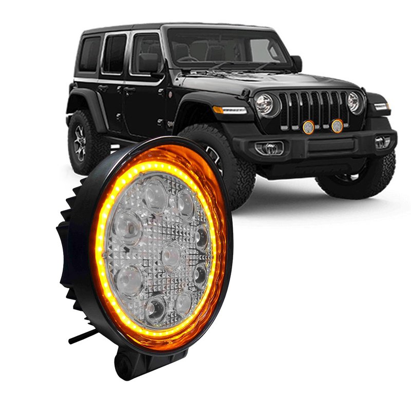 farol de trabalho redondo 9 leds brancos com anel ambar 27w dni