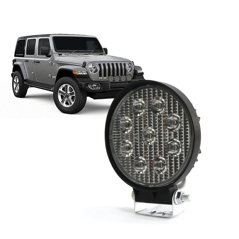 farol auxiliar 9 leds universal 27w off road redondo suns