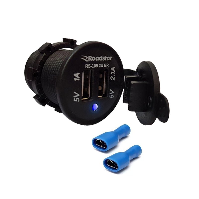 tomada usb carregador 2 saidas comum rs109br roadstar bivolt