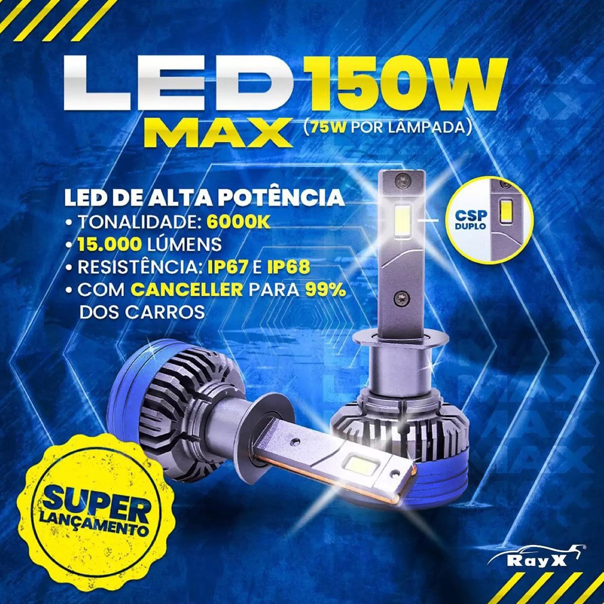 Kit LED MAX 150W HB4 6000K 15000Lm Bivolt Rayx