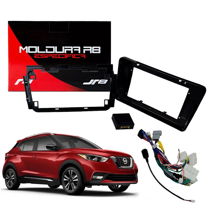 kit moldura painel 10 e chicote original canbus kicks r8 multimidia 1