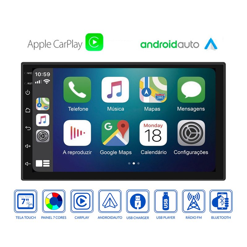 multimidia slim 2 din 7 pol carplay rs708br prime roadstar