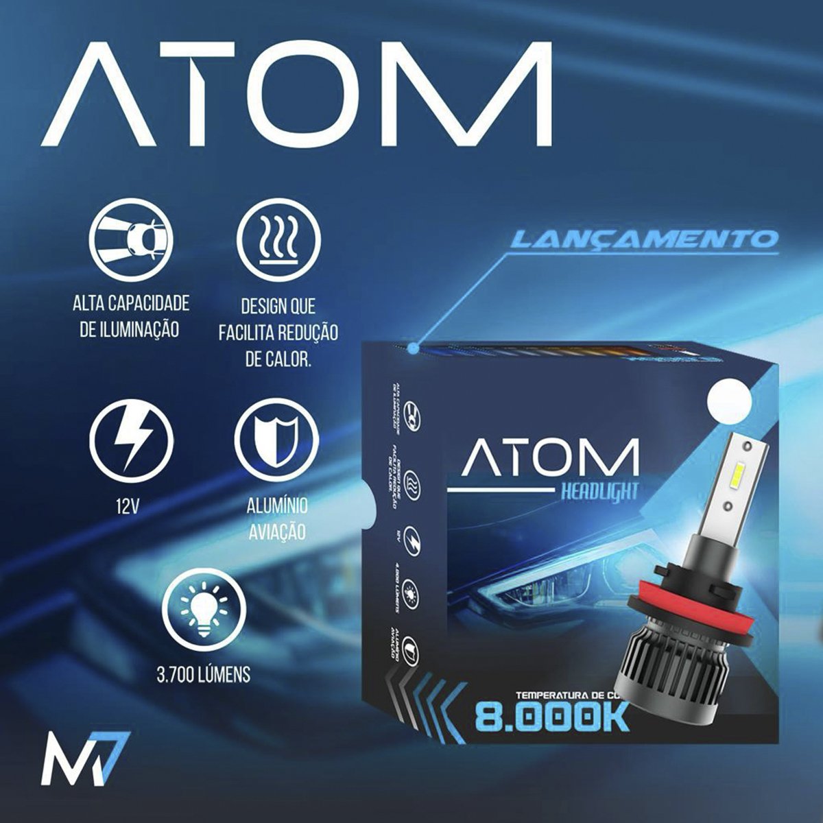 Kit Lâmpada Led M7 ATOM H7 3700Lm 8000K 12V JR8 Imports