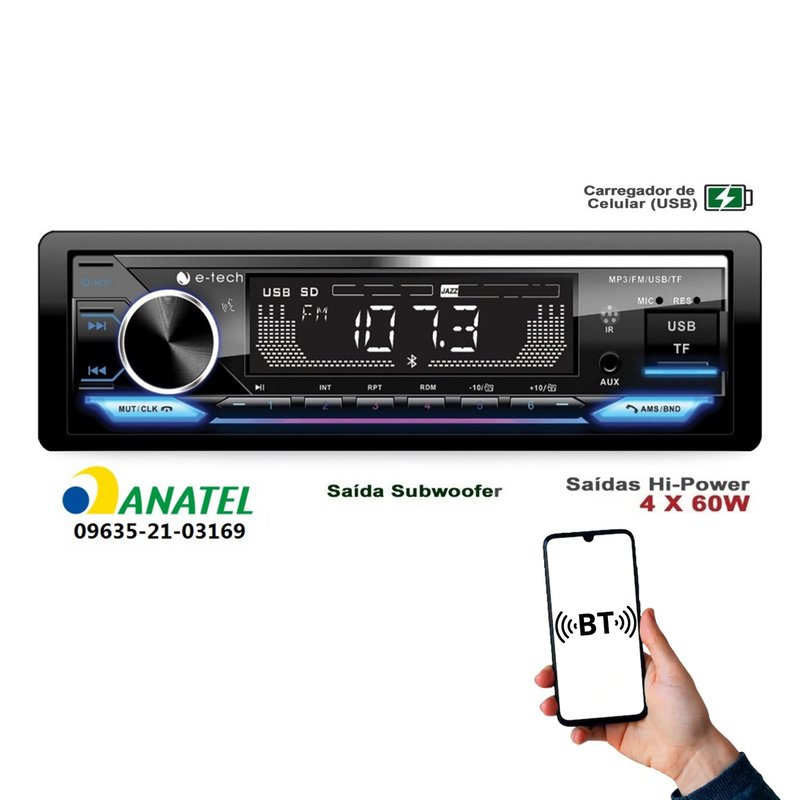 radio automotivo bluetooth 4x60w sub in es3307c e tech 2