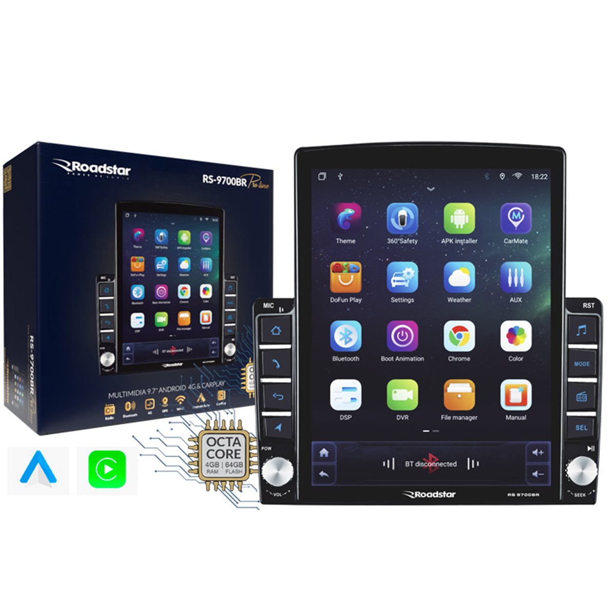 Multimídia Android 9.7'' Vertical 4GB/64GB com Carplay RS-9700BR